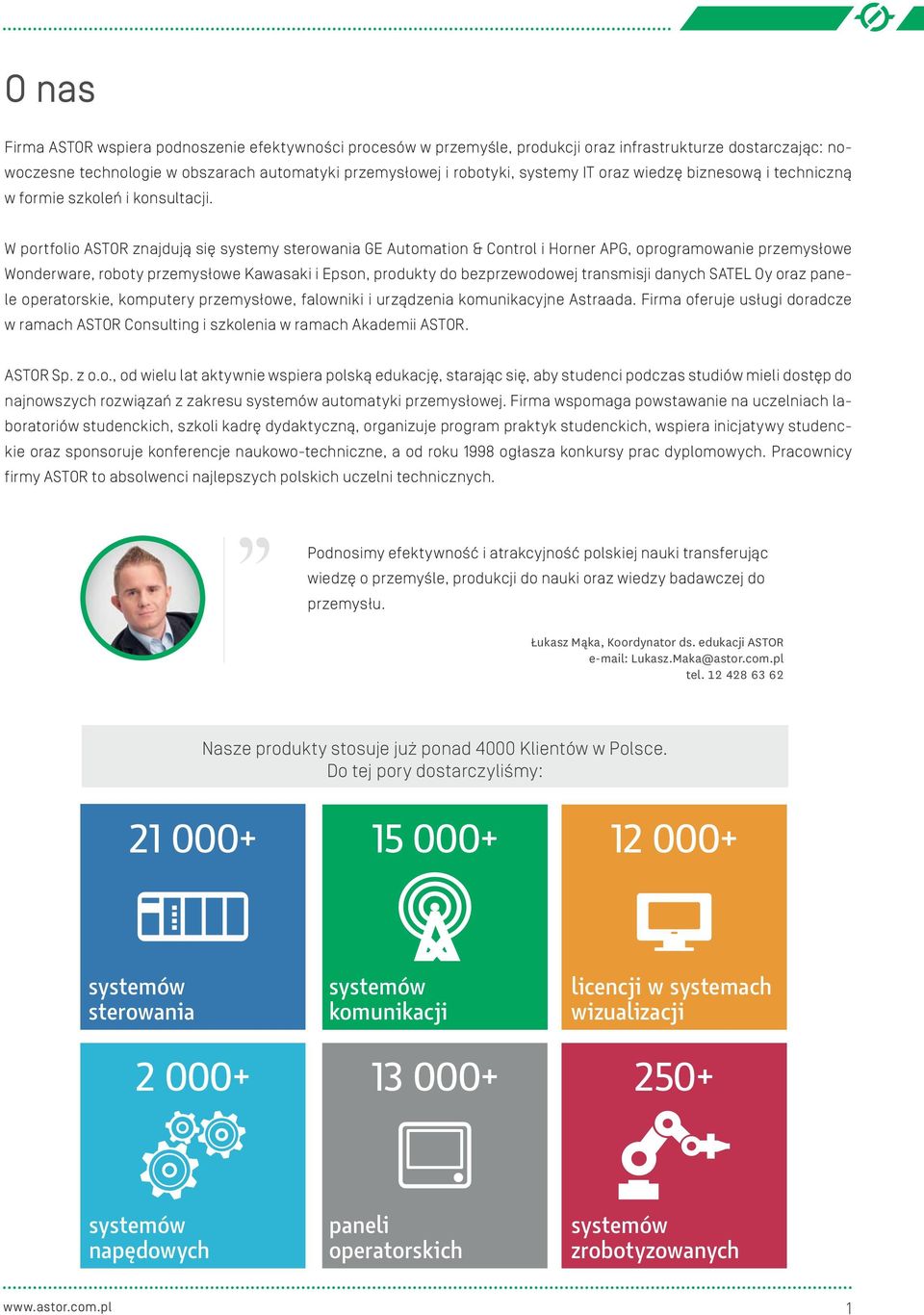 W portfolio ASTOR znajdują się systemy sterowania GE Automation & Control i Horner APG, oprogramowanie przemysłowe Wonderware, roboty przemysłowe Kawasaki i Epson, produkty do bezprzewodowej