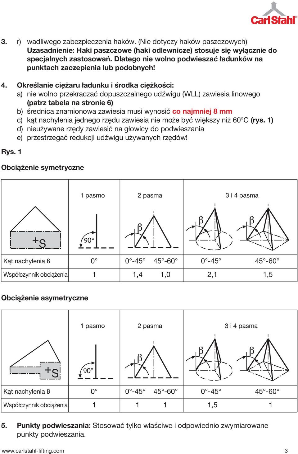 Określanie ciężaru ładunku i środka ciężkości: a) nie wolno przekraczać dopuszczalnego udźwigu (WLL) zawiesia linowego (patrz tabela na stronie 6) b) średnica znamionowa zawiesia musi wynosić co