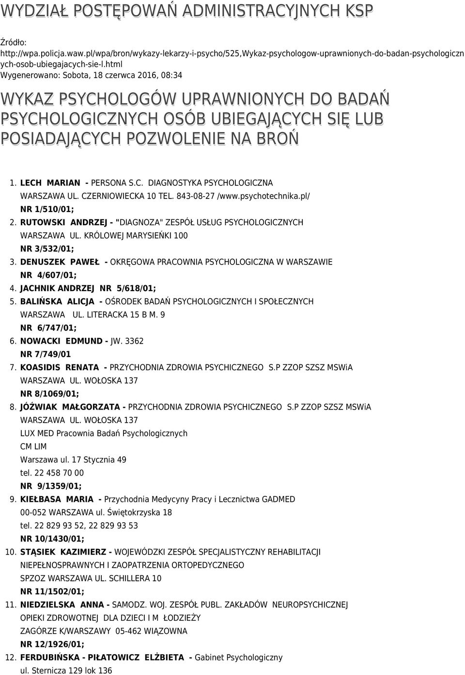 CZERNIOWIECKA 10 TEL. 843-08-27 /www.psychotechnika.pl/ NR 1/510/01; 2. RUTOWSKI ANDRZEJ - "DIAGNOZA" ZESPÓŁ USŁUG PSYCHOLOGICZNYCH WARSZAWA UL. KRÓLOWEJ MARYSIEŃKI 100 NR 3/532/01; 3.