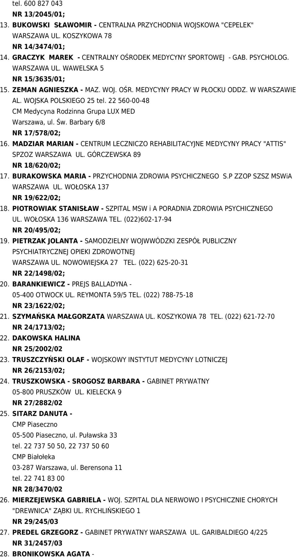 WOJSKA POLSKIEGO 25 tel. 22 560-00-48 CM Medycyna Rodzinna Grupa LUX MED Warszawa, ul. Św. Barbary 6/8 NR 17/578/02; 16.