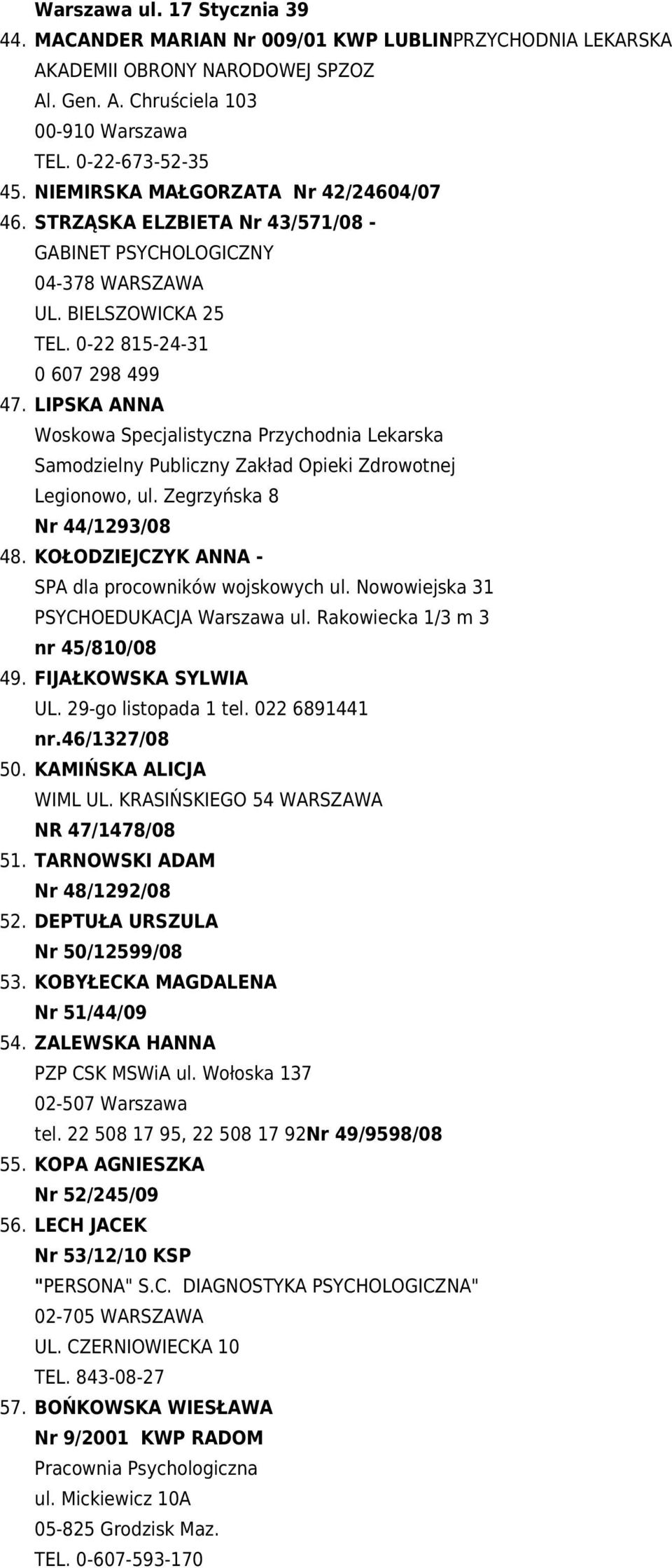 LIPSKA ANNA Woskowa Specjalistyczna Przychodnia Lekarska Samodzielny Publiczny Zakład Opieki Zdrowotnej Legionowo, ul. Zegrzyńska 8 Nr 44/1293/08 48.