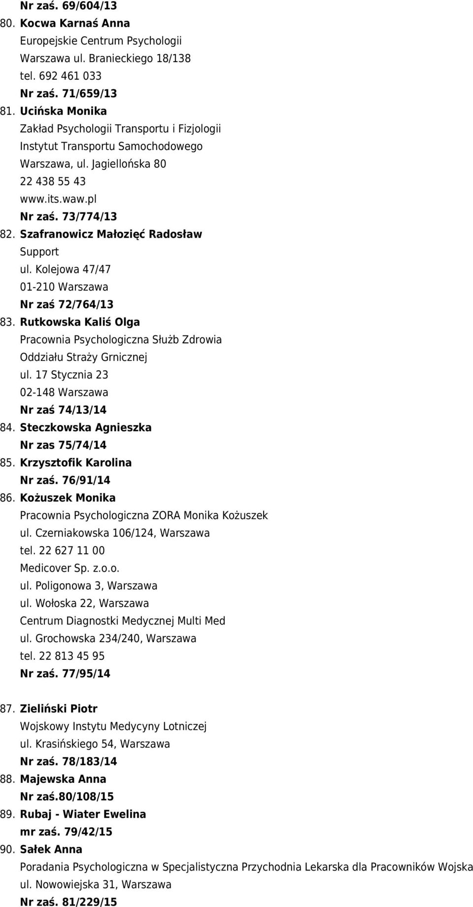 Szafranowicz Małozięć Radosław Support ul. Kolejowa 47/47 01-210 Warszawa Nr zaś 72/764/13 83. Rutkowska Kaliś Olga Pracownia Psychologiczna Służb Zdrowia Oddziału Straży Grnicznej ul.