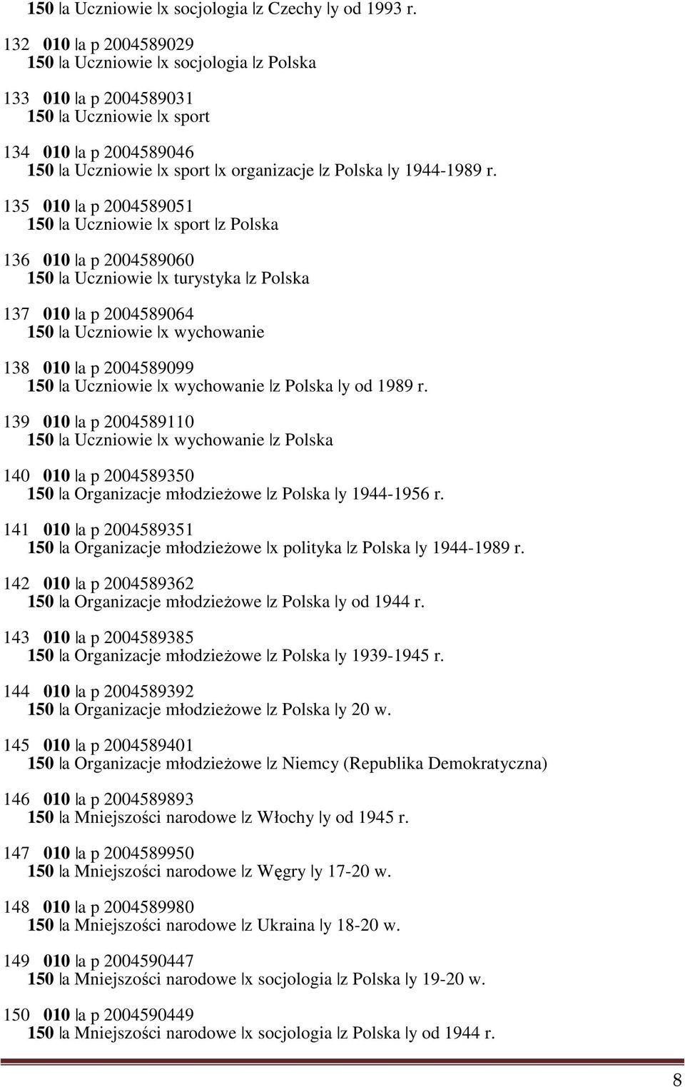 135 010 a p 2004589051 150 a Uczniowie x sport z Polska 136 010 a p 2004589060 150 a Uczniowie x turystyka z Polska 137 010 a p 2004589064 150 a Uczniowie x wychowanie 138 010 a p 2004589099 150 a