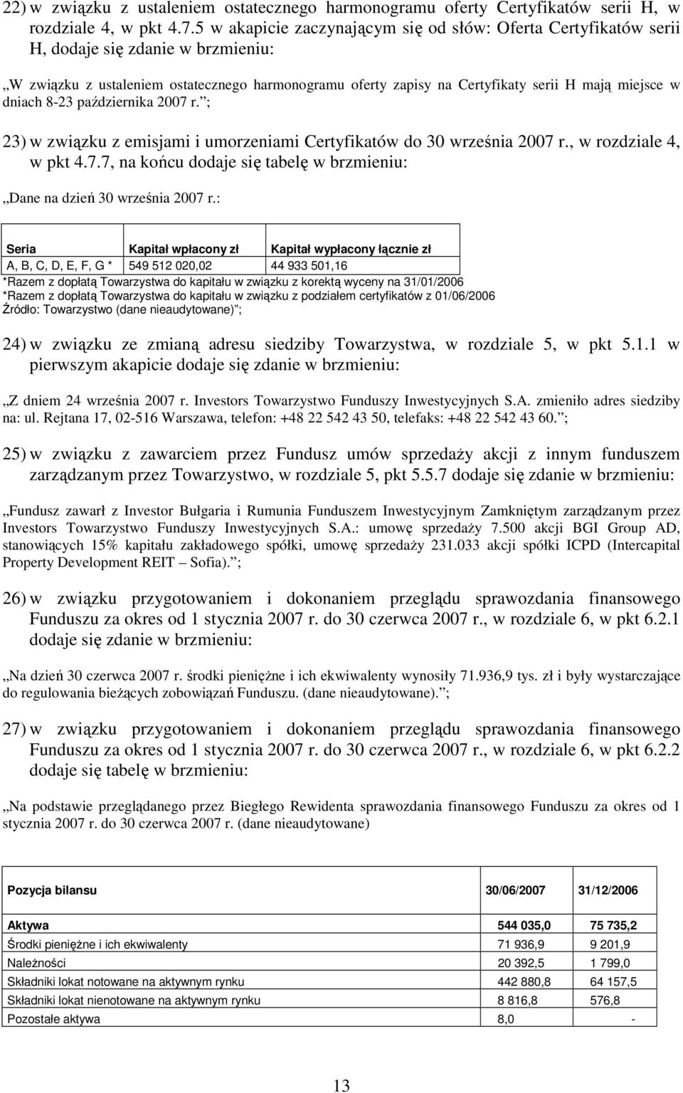 dniach 8-23 października 2007 r. ; 23) w związku z emisjami i umorzeniami Certyfikatów do 30 września 2007 r., w rozdziale 4, w pkt 4.7.7, na końcu dodaje się tabelę w brzmieniu: Dane na dzień 30 września 2007 r.