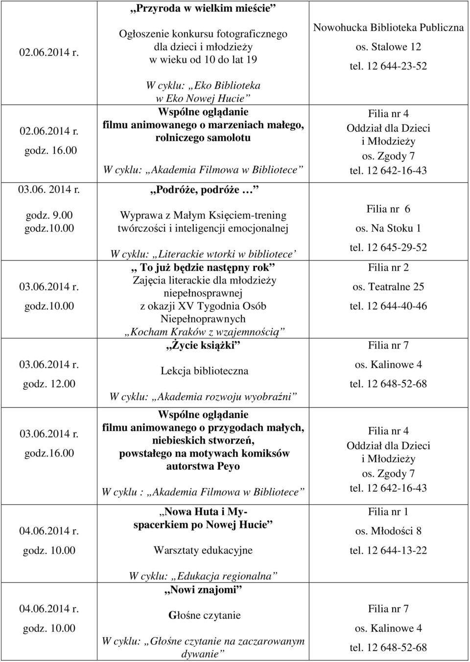 00 Przyroda w wielkim mieście Ogłoszenie konkursu fotograficznego w wieku od 10 do lat 19 W cyklu: Eko Biblioteka w Eko Nowej Hucie Wspólne oglądanie filmu animowanego o marzeniach małego, rolniczego