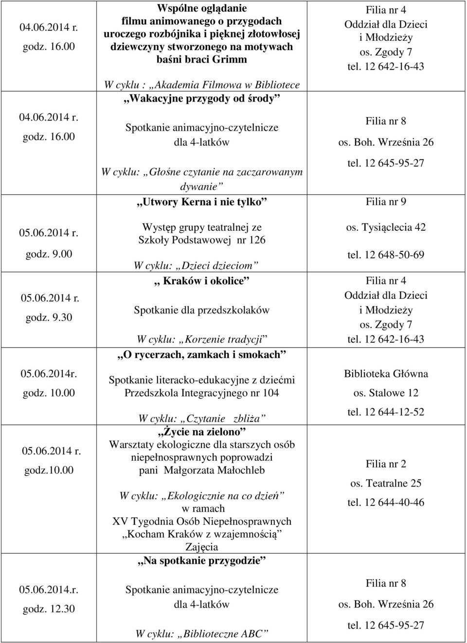 przygody od środy Spotkanie animacyjno-czytelnicze dla 4-latków W cyklu: Głośne czytanie na zaczarowanym dywanie Utwory Kerna i nie tylko Występ grupy teatralnej ze Szkoły Podstawowej nr 126 W cyklu: