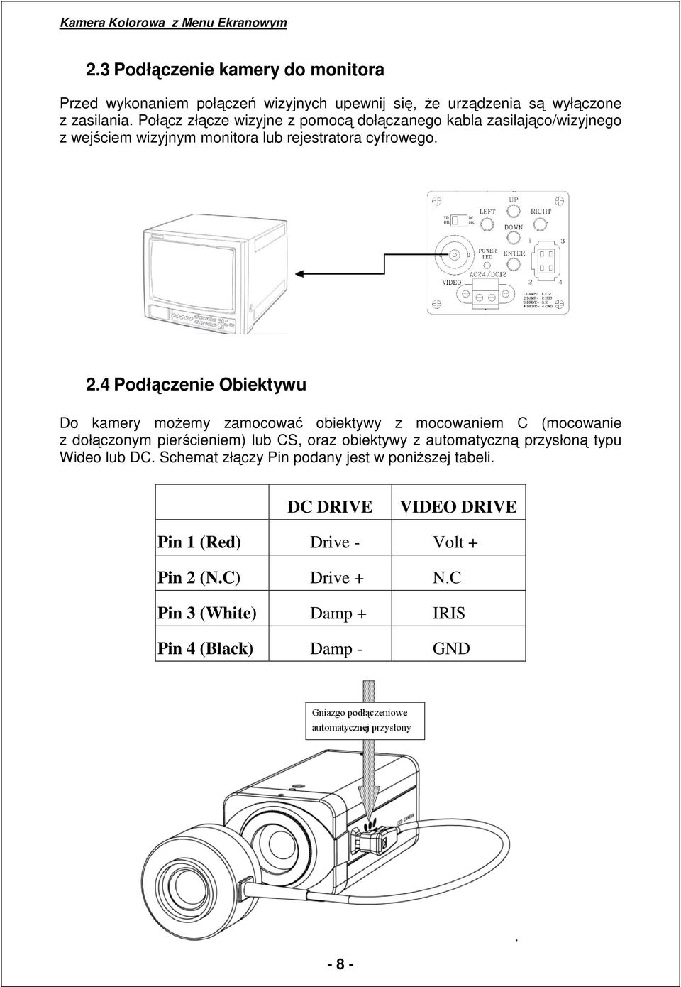 4 Podłączenie Obiektywu Do kamery moŝemy zamocować obiektywy z mocowaniem C (mocowanie z dołączonym pierścieniem) lub CS, oraz obiektywy z automatyczną
