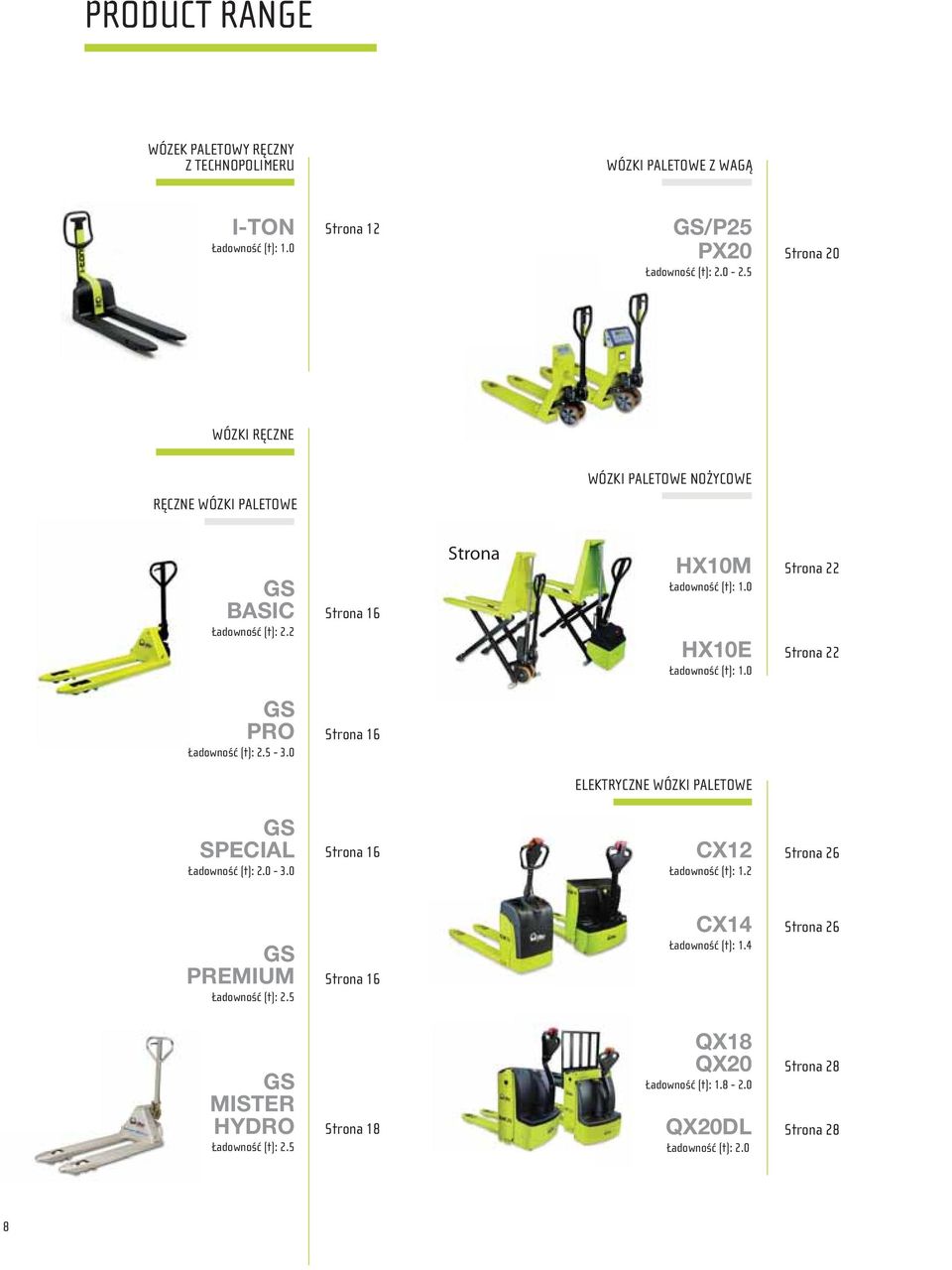 0 Strona 22 Strona 22 GS PRO Ładowność (t): 2.5-3.0 Strona 16 ELEKTRYCZNE WÓZKI PALETOWE GS SPECIAL Ładowność (t): 2.0-3.0 Strona 16 CX12 Ładowność (t): 1.