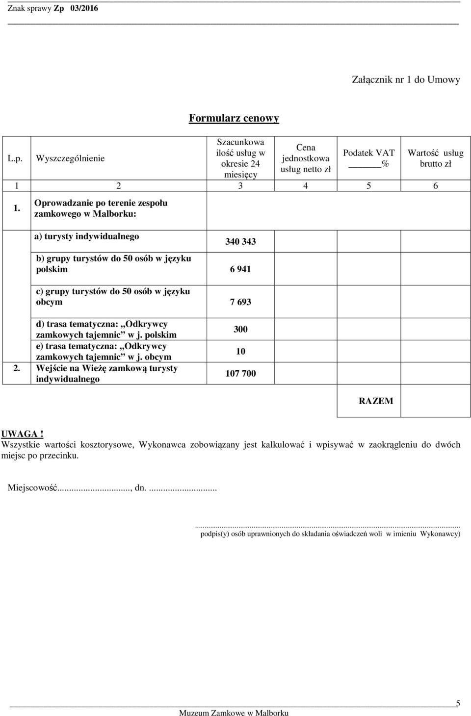 tematyczna: Odkrywcy zamkowych tajemnic w j. polskim e) trasa tematyczna: Odkrywcy zamkowych tajemnic w j. obcym 2. Wejście na Wieżę zamkową turysty indywidualnego 300 10 107 700 RAZEM UWAGA!