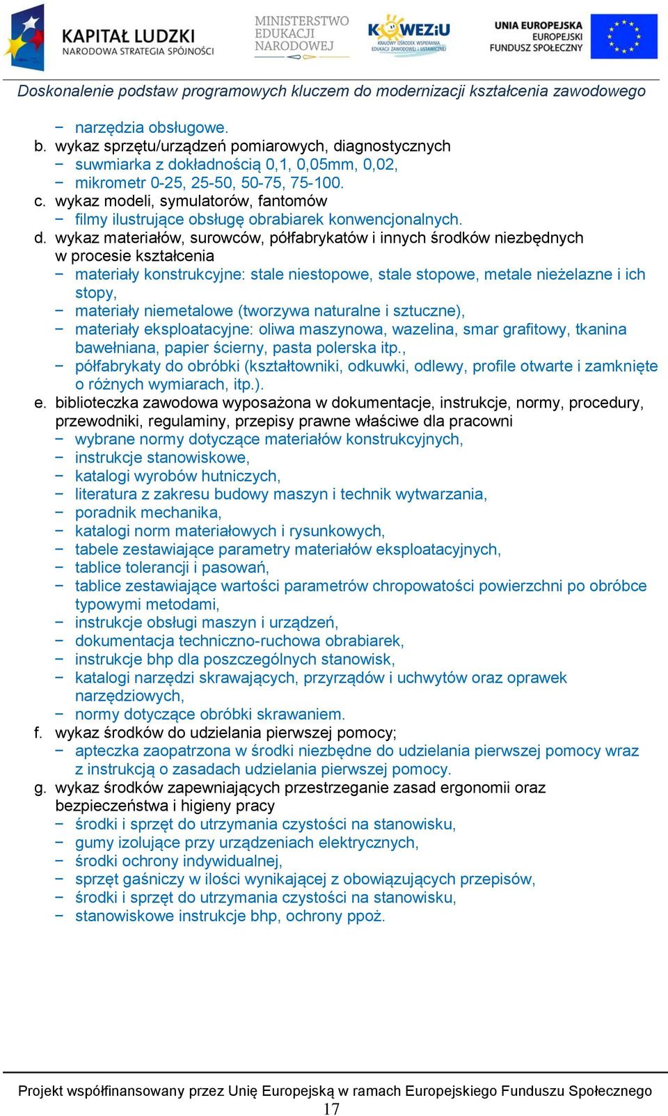 wykaz materiałów, surowców, półfabrykatów i innych środków niezbędnych w procesie kształcenia materiały konstrukcyjne: stale niestopowe, stale stopowe, metale nieżelazne i ich stopy, materiały