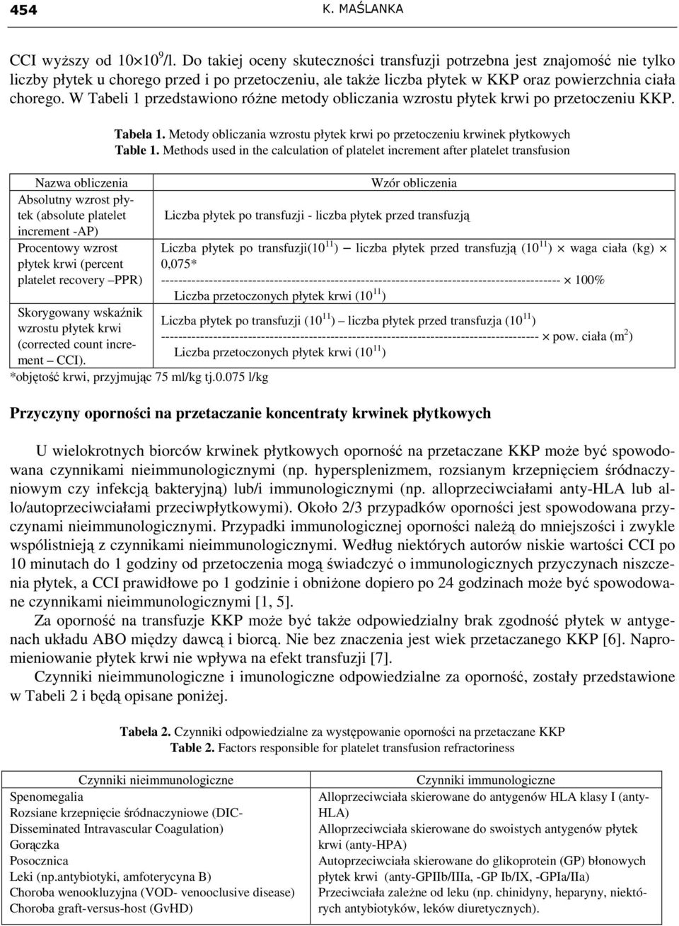 W Tabeli 1 przedstawiono róŝne metody obliczania wzrostu płytek krwi po przetoczeniu KKP.