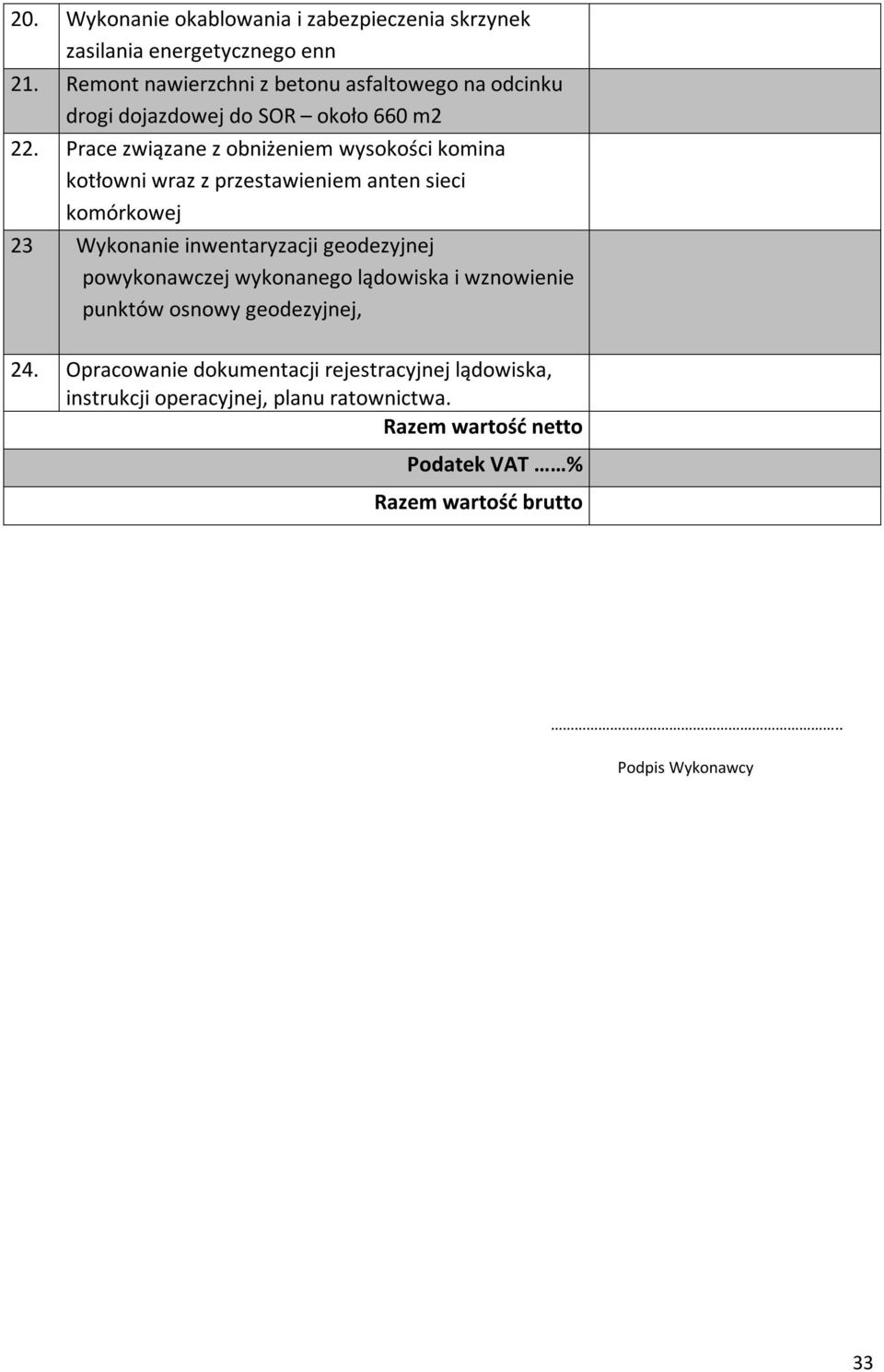 Prace związane z obniżeniem wysokości komina kotłowni wraz z przestawieniem anten sieci komórkowej 23 Wykonanie inwentaryzacji geodezyjnej