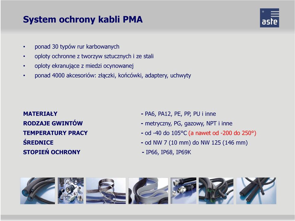 PA6, PA12, PE, PP, PU i inne RODZAJE GWINTÓW - metryczny, PG, gazowy, NPT i inne TEMPERATURY PRACY - od -40