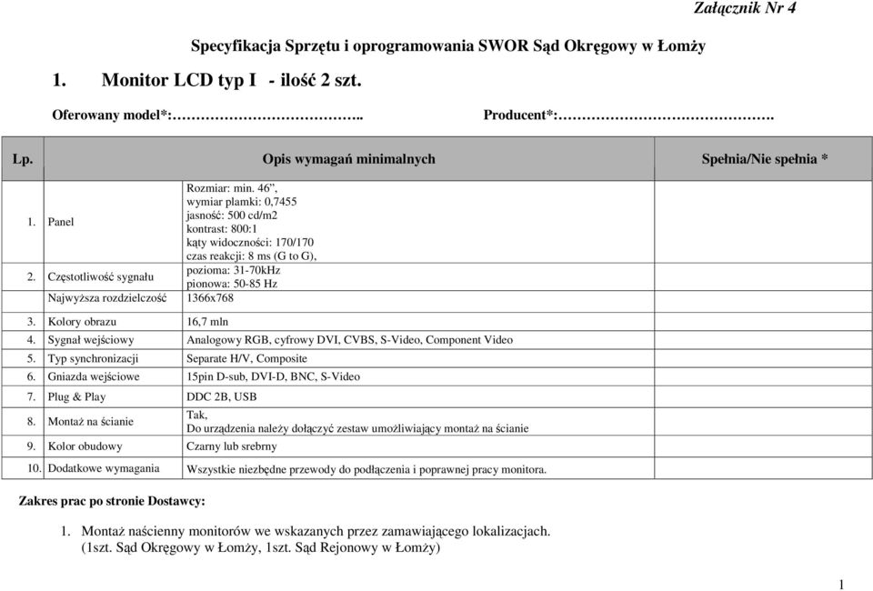Panel kontrast: 800:1 kąty widoczności: 170/170 czas reakcji: 8 ms (G to G), pozioma: 31-70kHz 2. Częstotliwość sygnału pionowa: 50-85 Hz Najwyższa rozdzielczość 1366x768 3. Kolory obrazu 16,7 mln 4.