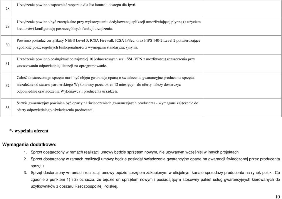 Powinno posiadać certyfikaty NEBS Level 3, ICSA Firewall, ICSA IPSec, oraz FIPS 140-2 Level 2 potwierdzające zgodność poszczególnych funkcjonalności z wymogami standaryzacyjnymi. 31.