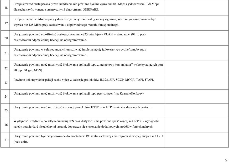 Urządzenie powinno umożliwiać obsługę, co najmniej 25 interfejsów VLAN w standarcie 802.1q przy zastosowaniu odpowiedniej licencji na oprogramowanie. 21.