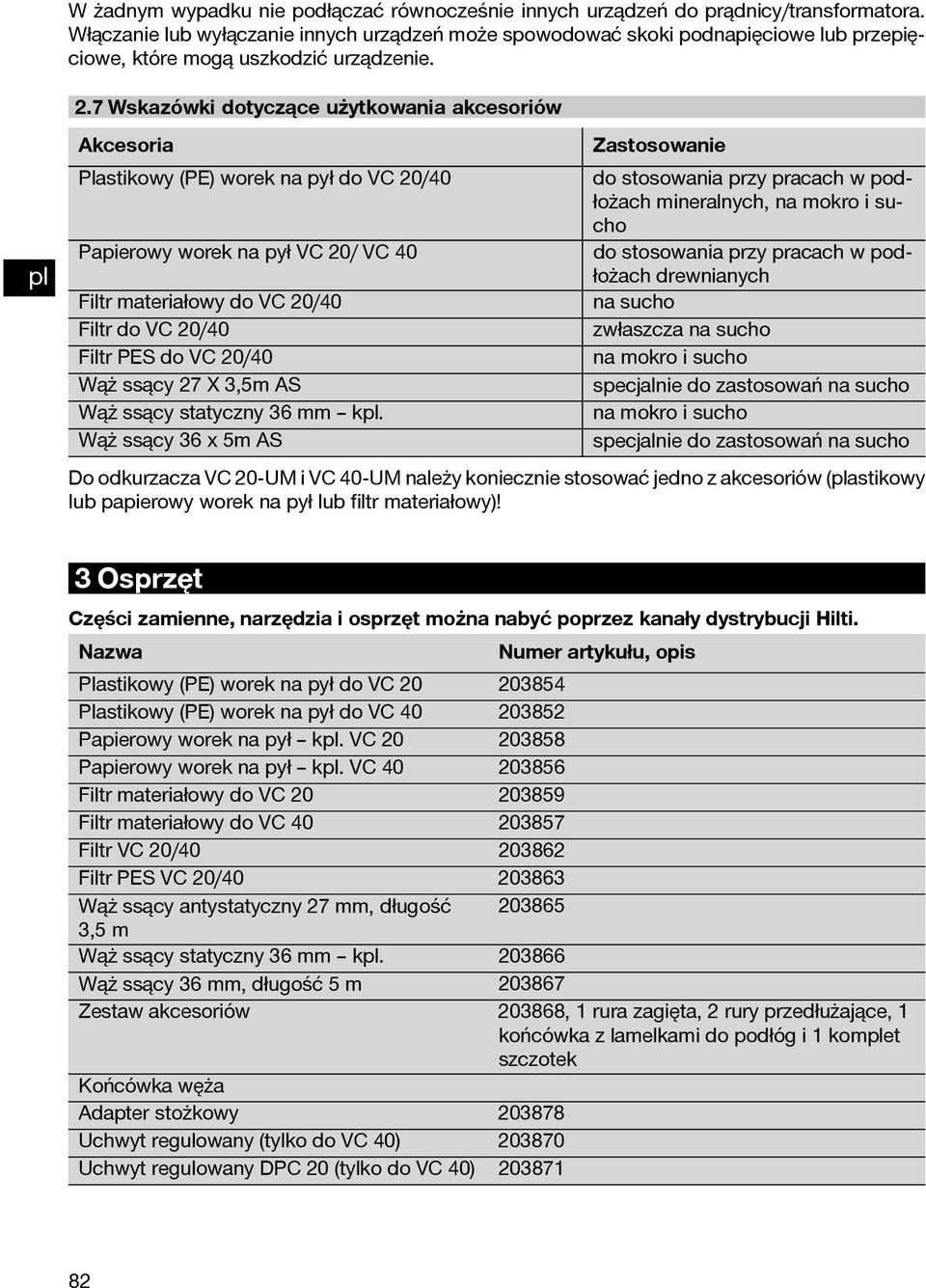 7 Wskazówki dotyczące użytkowania akcesoriów pl Akcesoria Plastikowy (PE) worek na pył do VC 20/40 Papierowy worek na pył VC 20/ VC 40 Filtr materiałowy do VC 20/40 FiltrdoVC20/40 Filtr PES do VC