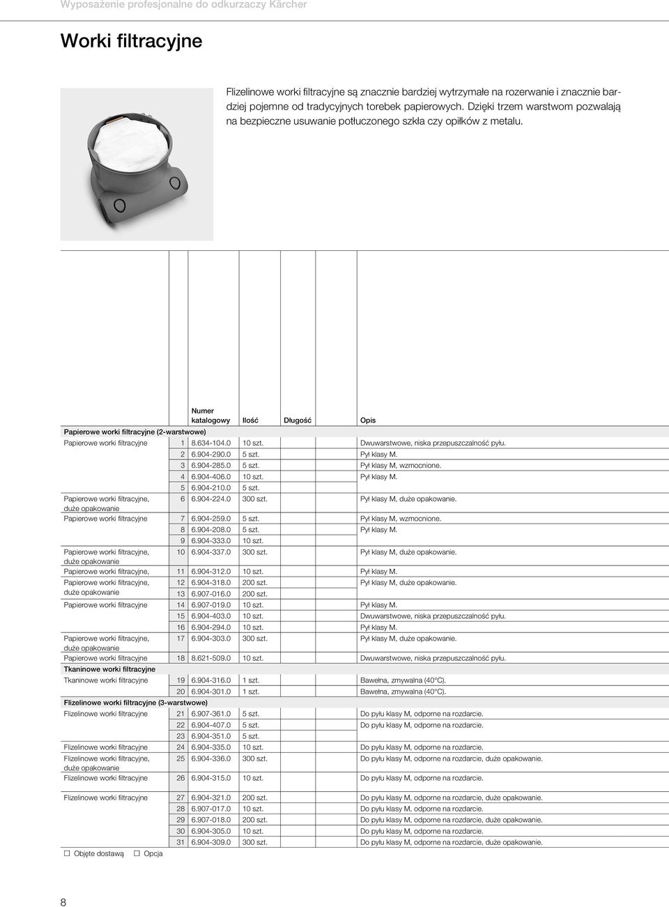 Numer katalogowy Ilość Długość Opis Papierowe worki filtracyjne (2-warstwowe) Papierowe worki filtracyjne 1 8.634-104.0 10 szt. Dwuwarstwowe, niska przepuszczalność pyłu. 2 6.904-290.0 5 szt.