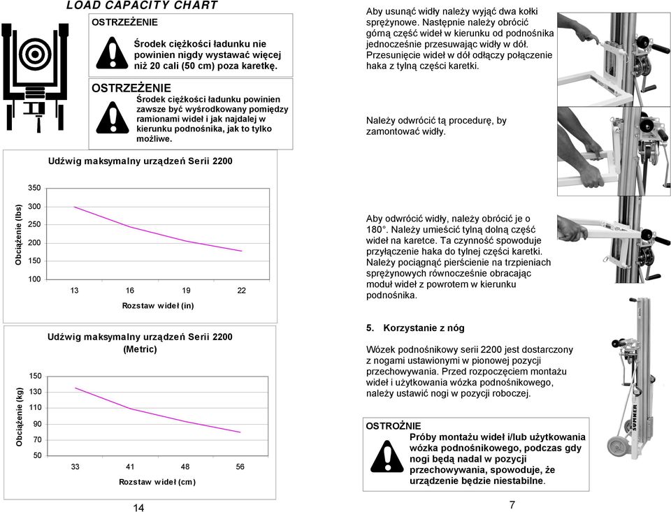Następnie należy obrócić górną część wideł w kierunku od podnośnika jednocześnie przesuwając widły w dół. Przesunięcie wideł w dół odłączy połączenie haka z tylną części karetki.