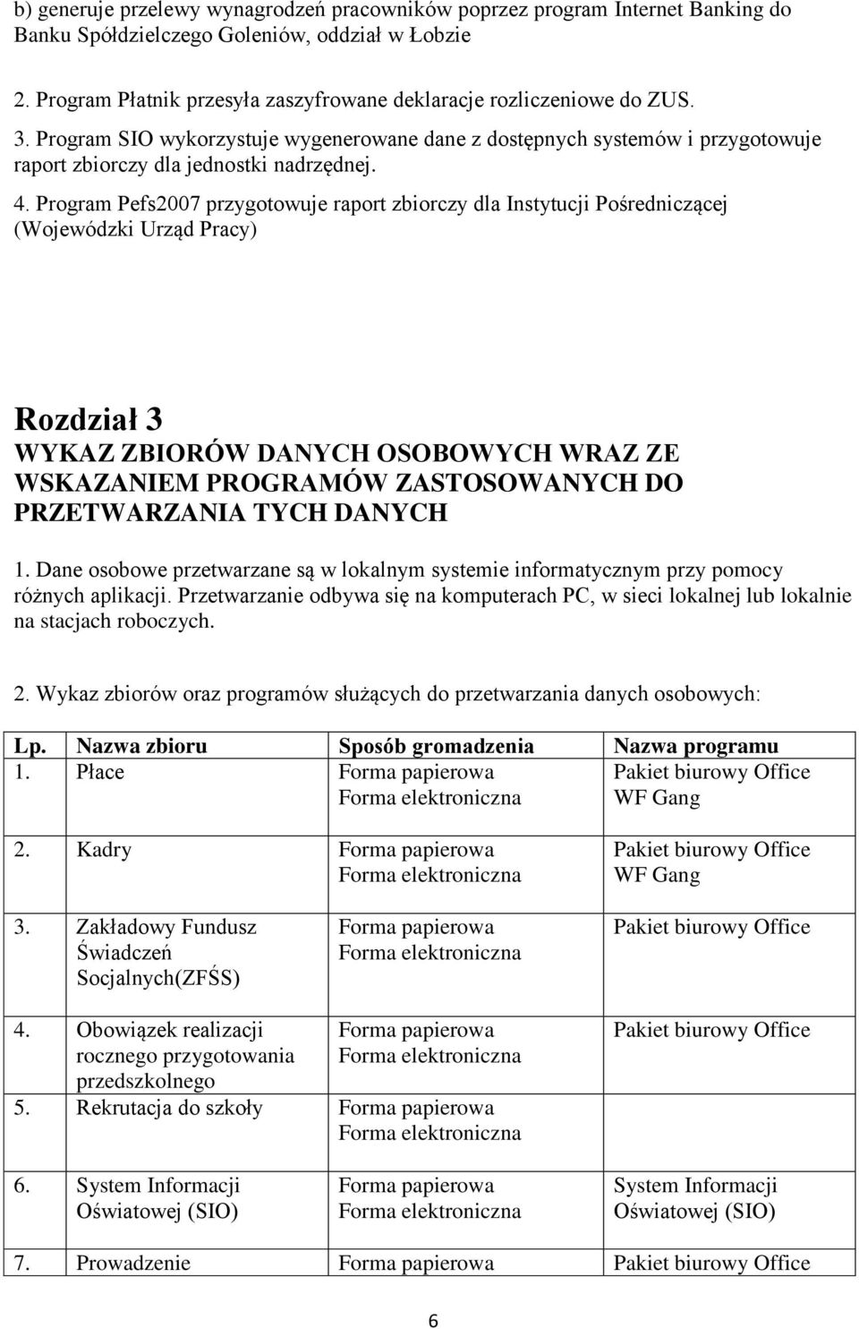 Program Pefs2007 przygotowuje raport zbiorczy dla Instytucji Pośredniczącej (Wojewódzki Urząd Pracy) Rozdział 3 WYKAZ ZBIORÓW DANYCH OSOBOWYCH WRAZ ZE WSKAZANIEM PROGRAMÓW ZASTOSOWANYCH DO
