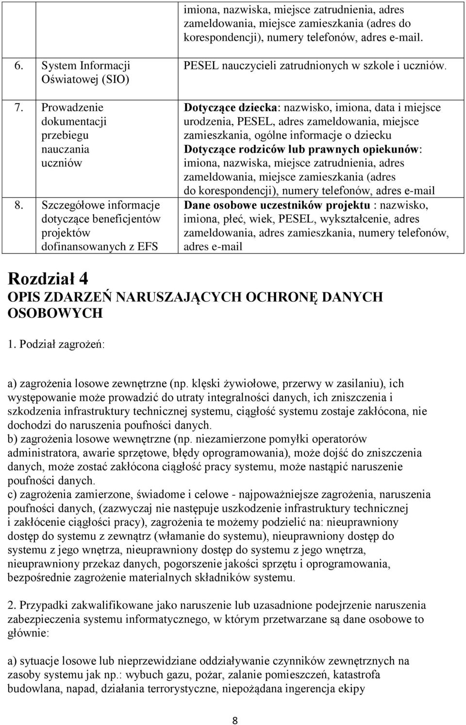 Dotyczące dziecka: nazwisko, imiona, data i miejsce urodzenia, PESEL, adres zameldowania, miejsce zamieszkania, ogólne informacje o dziecku Dotyczące rodziców lub prawnych opiekunów: imiona,