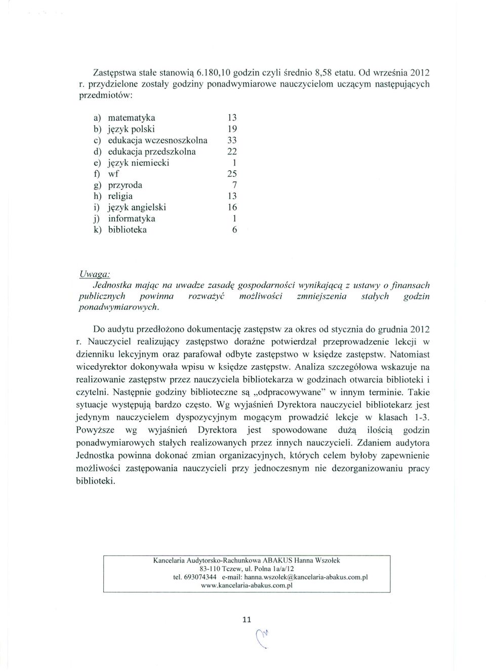 niemiecki 1 f) wf 25 g) przyroda 7 h) religia 13 i) język angielski 16 j) informatyka 1 k) biblioteka 6 Uwaga: Jednostka mając na uwadze zasadę gospodarności wynikającą z ustawy o finansach
