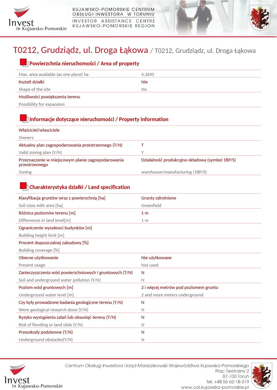 Właściciel/własciciele Owners Aktualny plan zagospodarowania przestrzennego (/) Valid zoning plan (/) Przeznaczenie w miejscowym planie zagospodarowania przestrzennego Zoning Działalność