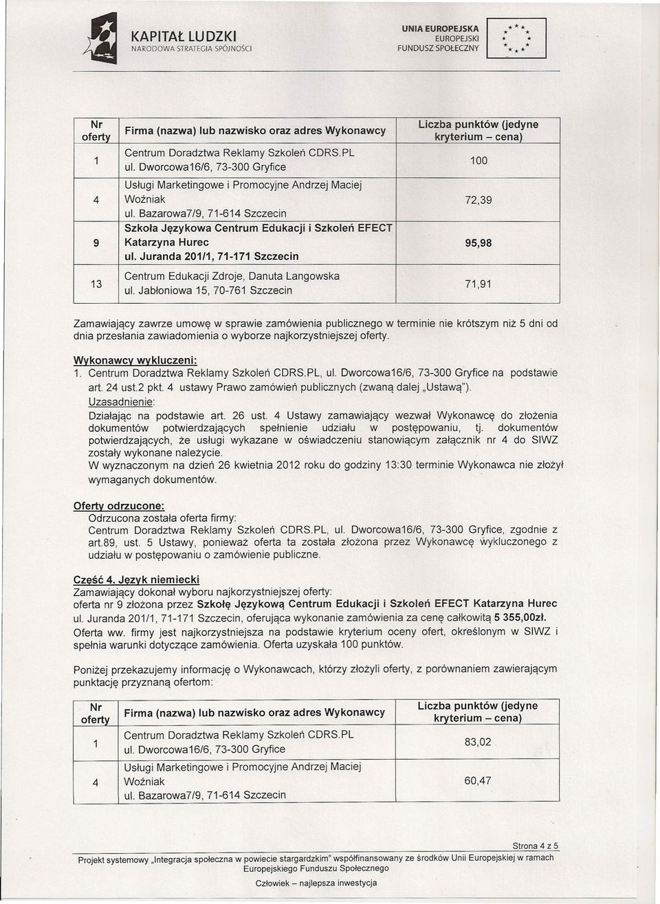 J uranda 201/1,71-171 Szczecin k terium - cena 72,39 95,98 13 Cent rum Edukacji Zdroje, Danuta Langowska ul. Jabłoniowa 15, 70-761 Szczecin 71,91 1. Centrum Doradztwa Reklamy Szkoleń CDRS.PL, ul.