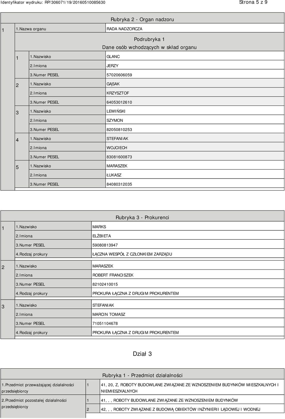 Numer PESEL 84080312035 Rubryka 3 - Prokurenci 1 1.Nazwisko MARKS ELŻBIETA 3.Numer PESEL 59080813947 4.Rodzaj prokury ŁĄCZNA WESPÓŁ Z CZŁONKIEM ZARZĄDU 2 1.Nazwisko MARASZEK ROBERT FRANCISZEK 3.