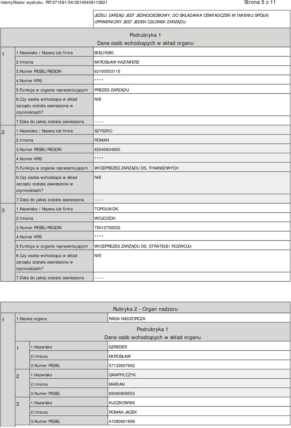 Czy osoba wchodząca w skład zarządu została zawieszona w czynnościach? PREZES ZARZĄDU 7.Data do jakiej została zawieszona ------ 2 1.Nazwisko / Nazwa lub firma SZYSZKO ROMAN 3.