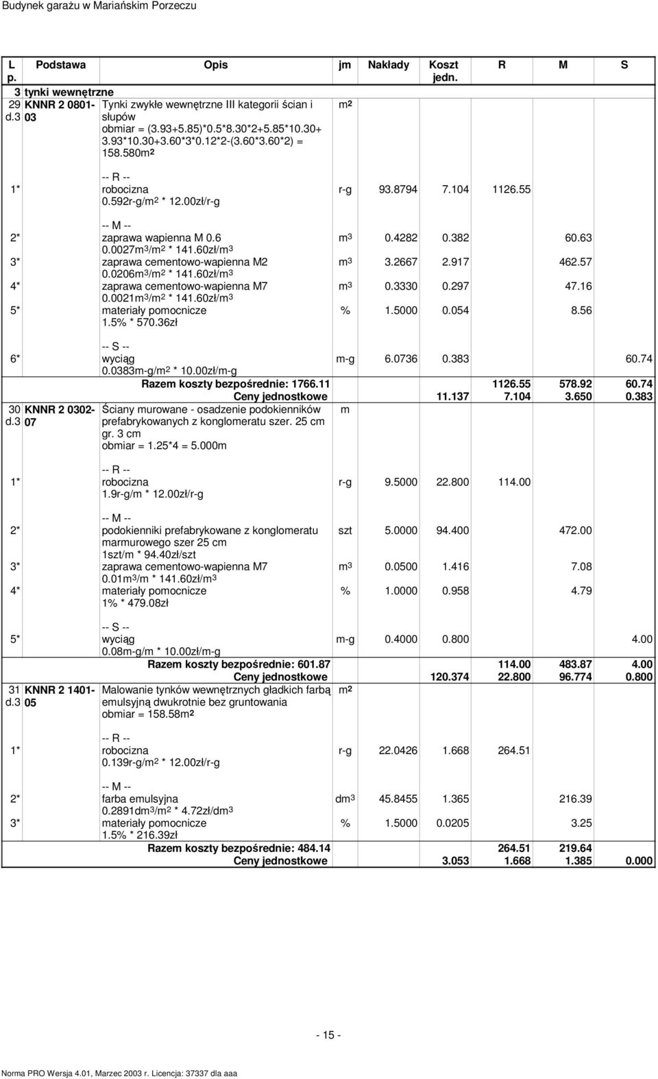60zł/m 3 3* zaprawa cemenowo-wapienna M2 0.0206m 3 / * 141.60zł/m 3 4* zaprawa cemenowo-wapienna M7 0.0021m 3 / * 141.60zł/m 3 5* maeriały pomocnicze 1.5% * 570.36zł % 1.5000 0.054 8.