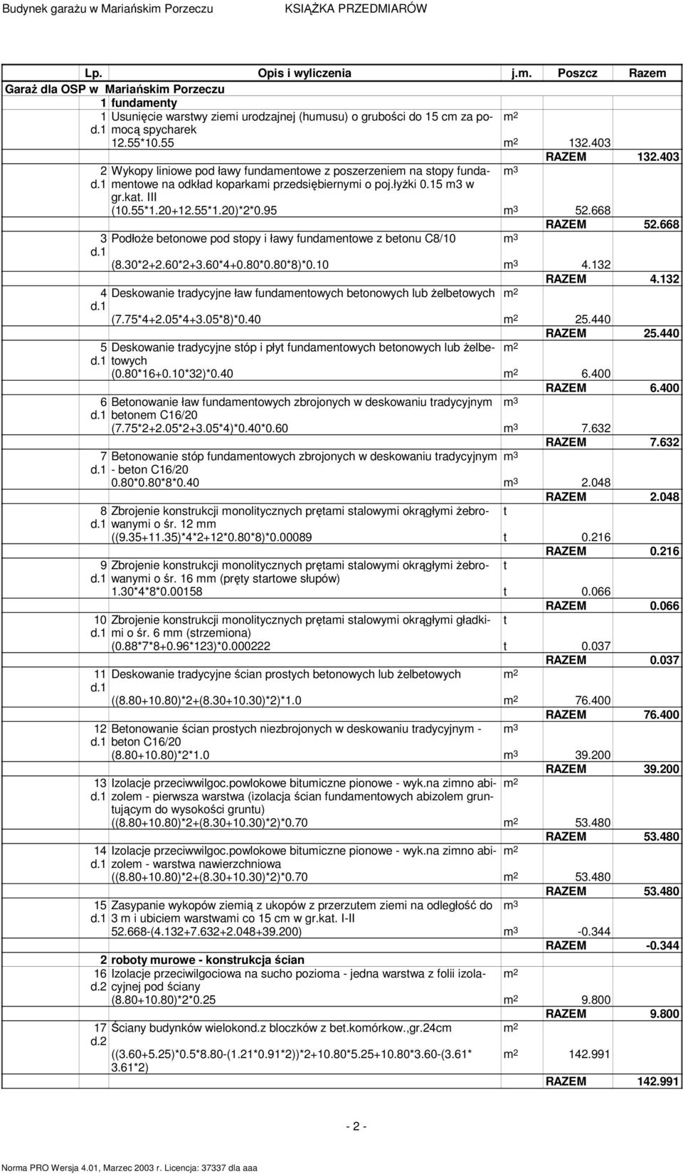 55*1.20)*2*0.95 m 3 52.668 RAZEM 52.668 3 PodłoŜe beonowe pod sopy i ławy fundamenowe z beonu C8/10 m 3 d.1 (8.30*2+2.60*2+3.60*4+0.80*0.80*8)*0.10 m 3 4.132 RAZEM 4.