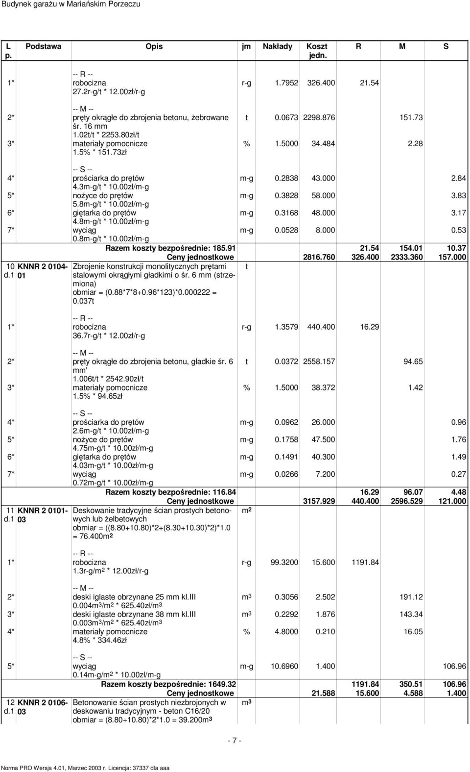 8m-g/ * 10.00zł/m-g 7* wyciąg m-g 0.0528 8.000 0.53 0.8m-g/ * 10.00zł/m-g Razem koszy bezpośrednie: 185.91 21.54 154.01 10.37 10 KNNR 2 0104- d.