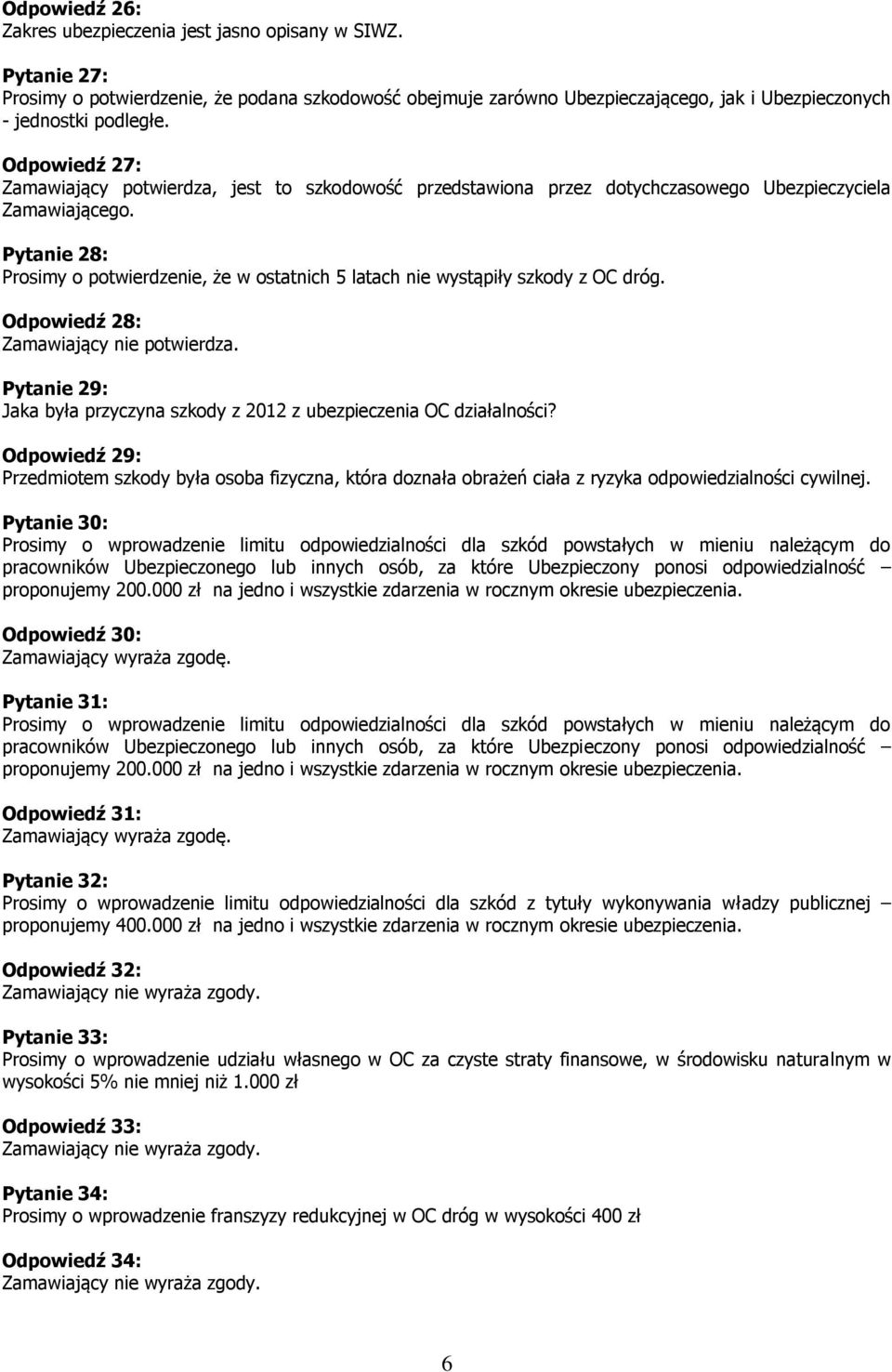 Pytanie 28: Prosimy o potwierdzenie, że w ostatnich 5 latach nie wystąpiły szkody z OC dróg. Odpowiedź 28: Zamawiający nie potwierdza.