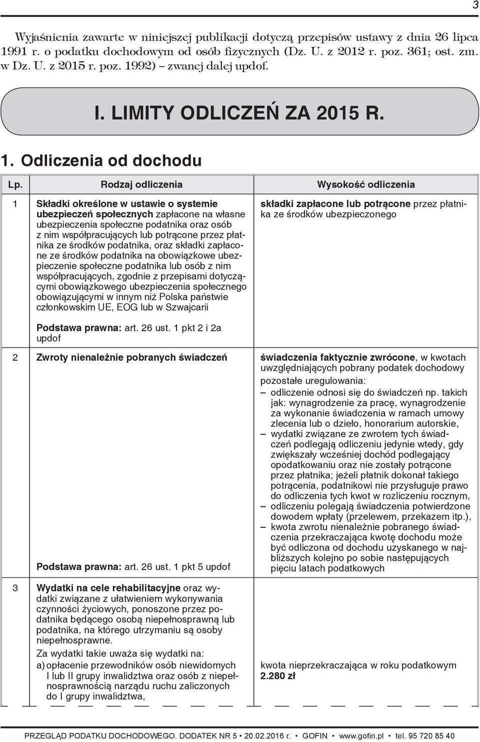 Rodzaj odliczenia Wysokość odliczenia 1 Składki określone w ustawie o systemie ubezpieczeń społecznych zapłacone na własne ubezpieczenia społeczne podatnika oraz osób z nim współpracujących lub