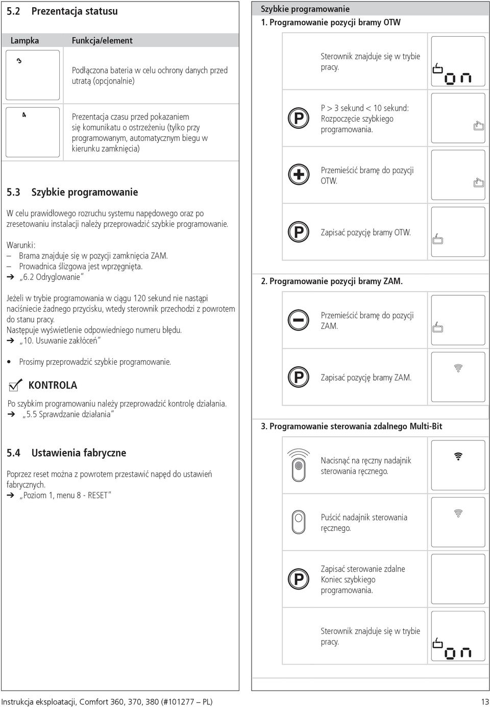 4 Prezentacja czasu przed pokazaniem się komunikatu o ostrzeżeniu (tylko przy programowanym, automatycznym biegu w kierunku zamknięcia) P P > 3 sekund < 10 sekund: Rozpoczęcie szybkiego programowania.