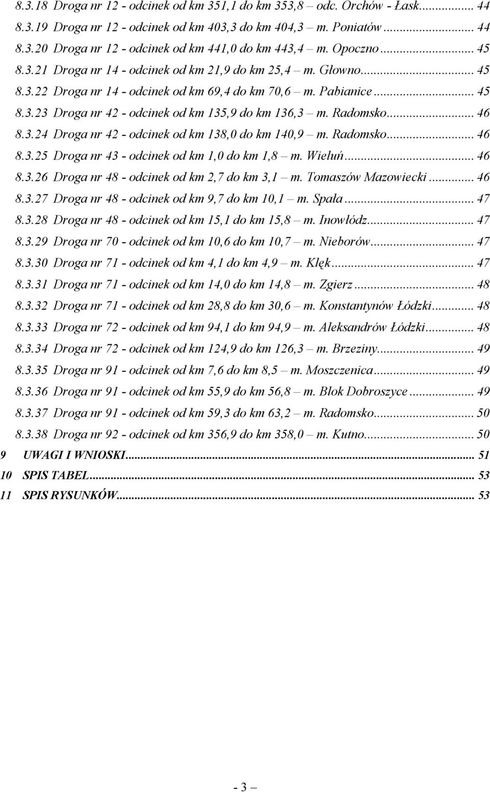 Radomsko... 46 8.3.24 Droga nr 42 - odcinek od km 138, do km 14,9 m. Radomsko... 46 8.3.25 Droga nr 43 - odcinek od km 1, do km 1,8 m. Wieluń... 46 8.3.26 Droga nr 48 - odcinek od km 2,7 do km 3,1 m.