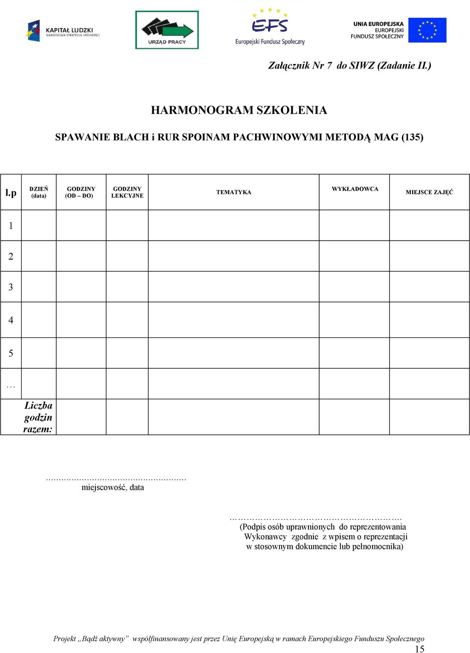 p DZIEŃ (data) GODZINY (OD DO) GODZINY LEKCYJNE TEMATYKA WYKŁADOWCA MIEJSCE ZAJĘĆ 1 2 3 4 5