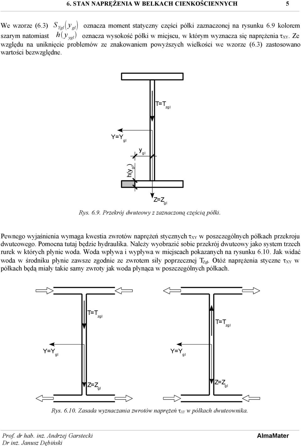 Pewnego wyjaśnienia wymaga kwestia zwrotów naprężeń stycznych txy w poszczególnych półkach przekroju dwuteowego. Pomocna tutaj będzie hydraulika.