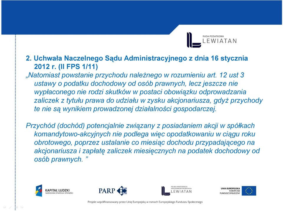 zysku akcjonariusza, gdyż przychody te nie są wynikiem prowadzonej działalności gospodarczej.