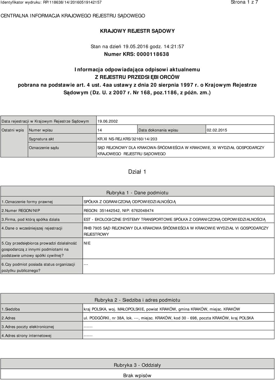 o Krajowym Rejestrze Sądowym (Dz. U. z 2007 r. Nr 168, poz.1186, z późn. zm.) Data rejestracji w Krajowym Rejestrze Sądowym 19.06.2002 Ostatni wpis Numer wpisu 14 Data dokonania wpisu 02.02.2015 Sygnatura akt Oznaczenie sądu KR.