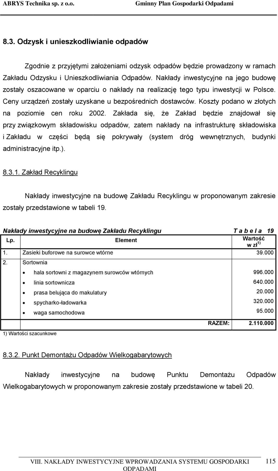 Koszty podano w złotych na poziomie cen roku 2002.