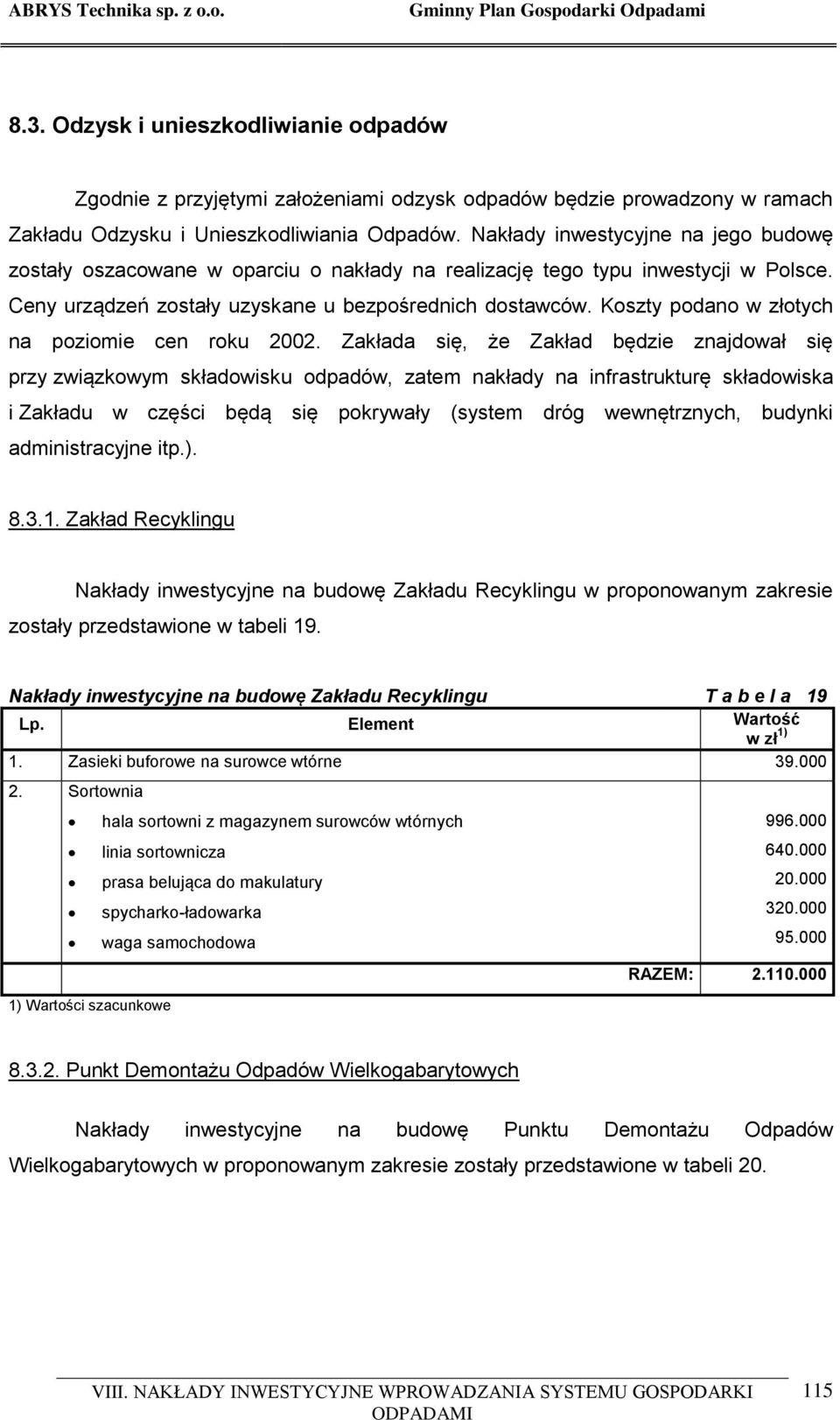 Koszty podano w złotych na poziomie cen roku 2002.