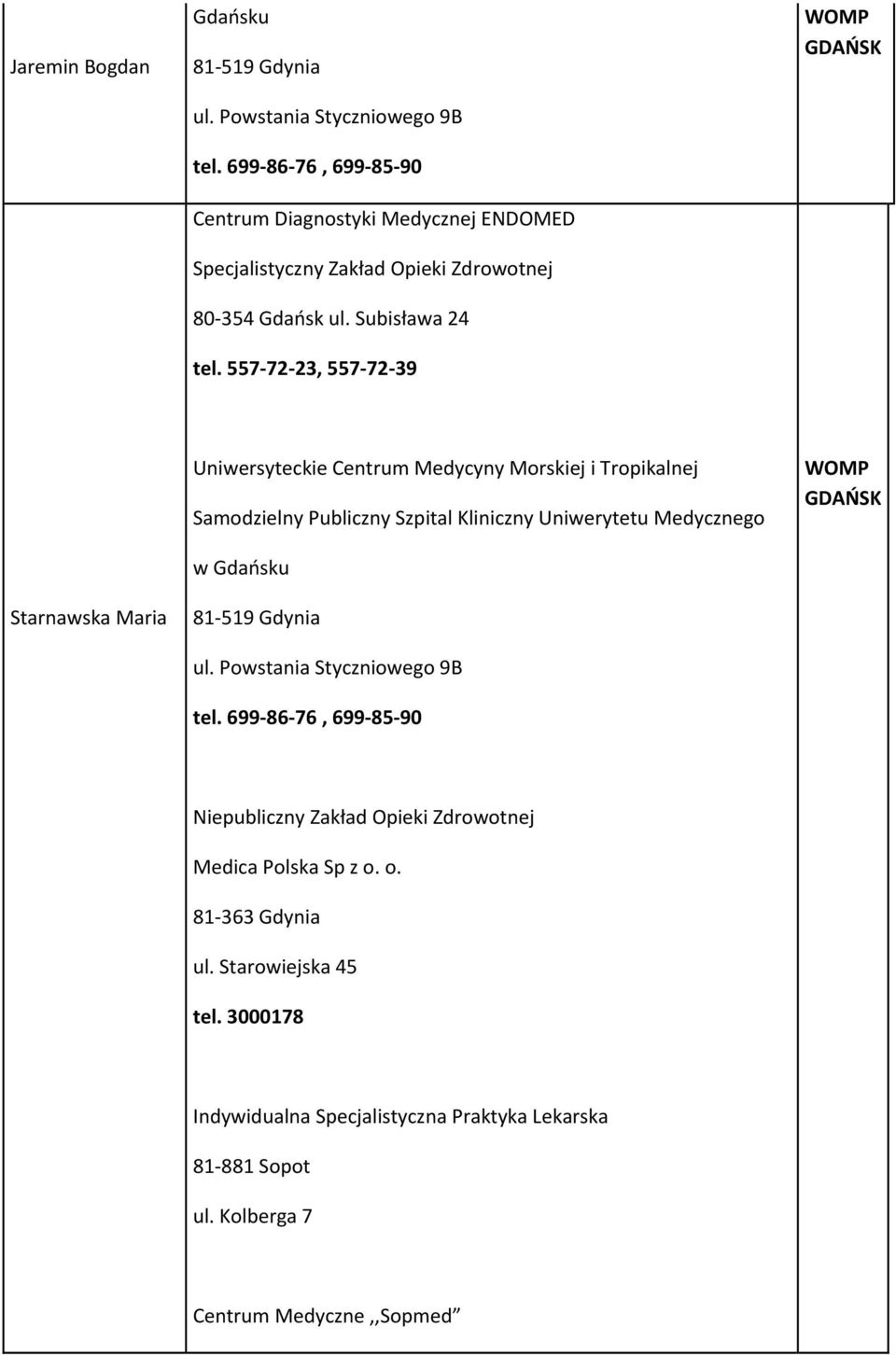 557 72 23, 557 72 39 Starnawska Maria Uniwersyteckie Centrum Medycyny Morskiej i Tropikalnej Samodzielny Publiczny Szpital Kliniczny Uniwerytetu Medycznego w