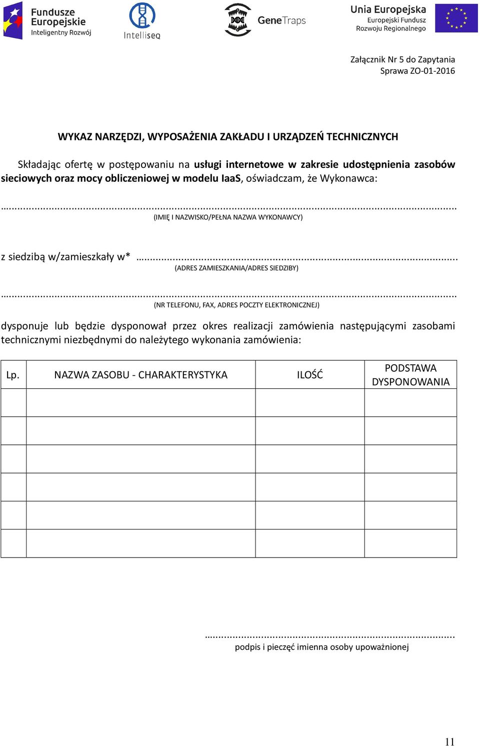 .. (ADRES ZAMIESZKANIA/ADRES SIEDZIBY) (NR TELEFONU, FAX, ADRES POCZTY ELEKTRONICZNEJ) dysponuje lub będzie dysponował przez okres realizacji zamówienia następującymi