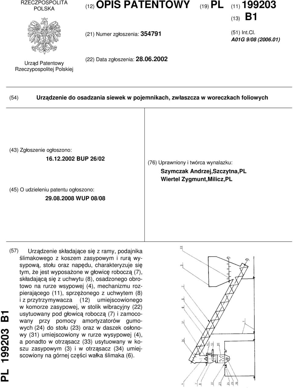 2008 WUP 08/08 (76) Uprawniony i twórca wynalazku: Szymczak Andrzej,Szczytna,PL Wiertel Zygmunt,Milicz,PL PL 199203 B1 (57) Urządzenie składające się z ramy, podajnika ślimakowego z koszem zasypowym