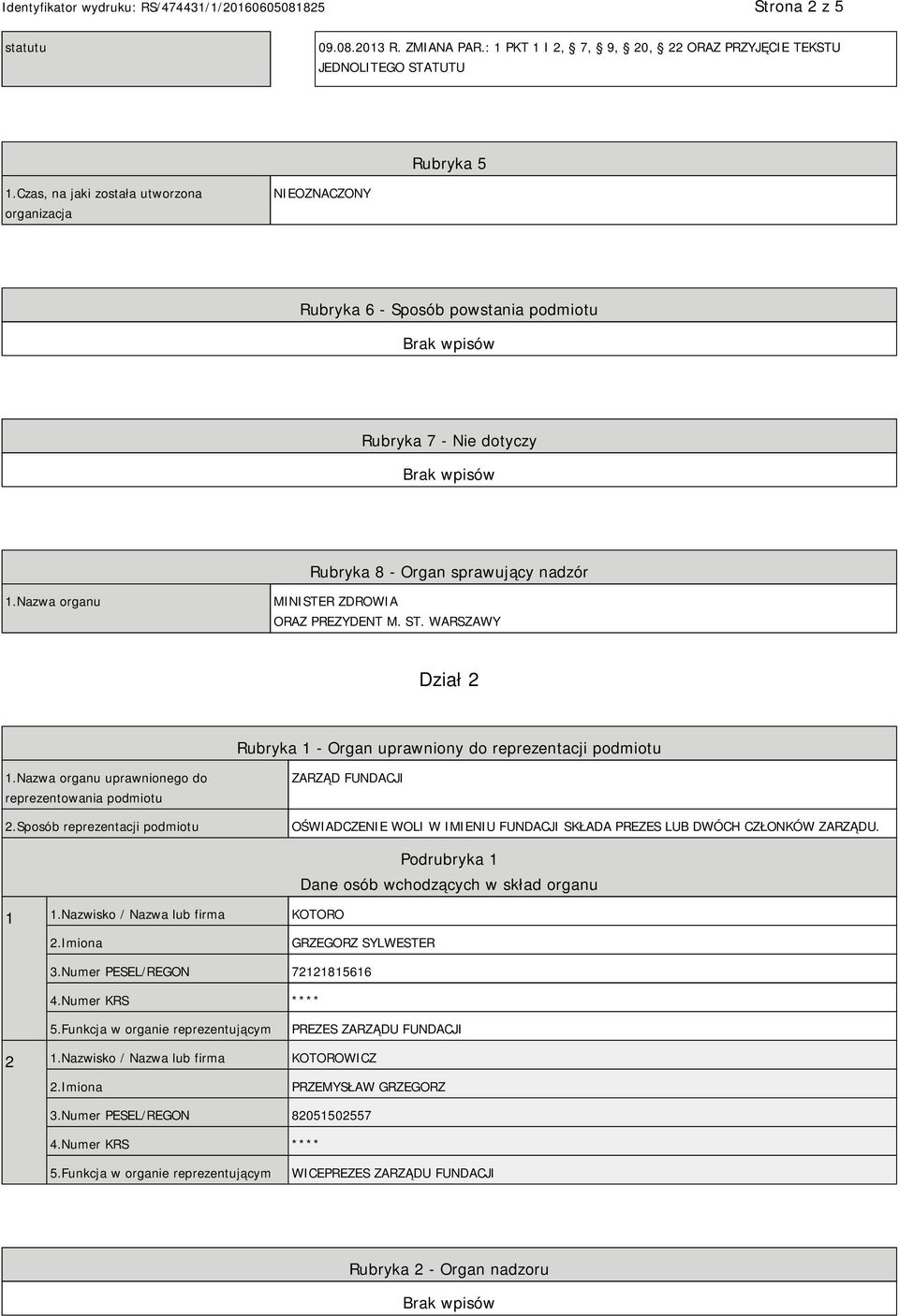 Nazwa organu MINISTER ZDROWIA ORAZ PREZYDENT M. ST. WARSZAWY Dział 2 Rubryka 1 - Organ uprawniony do reprezentacji podmiotu 1.Nazwa organu uprawnionego do reprezentowania podmiotu 2.