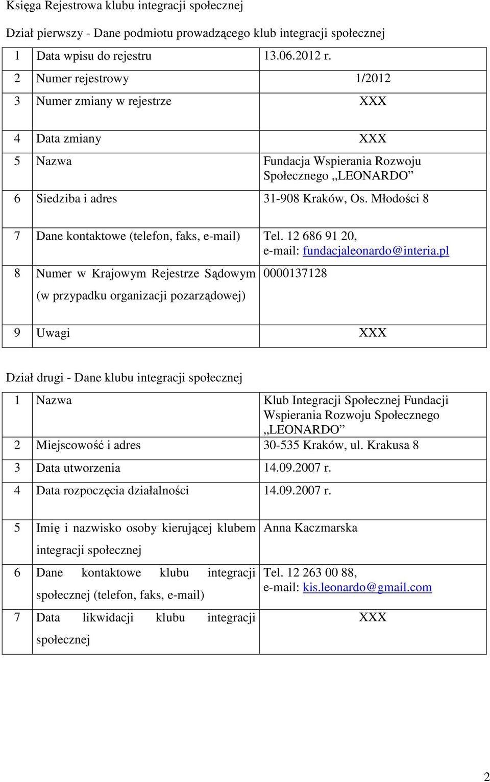 Młodości 8 7 Dane kontaktowe (telefon, faks, e-mail) Tel. 12 686 91 20, e-mail: fundacjaleonardo@interia.