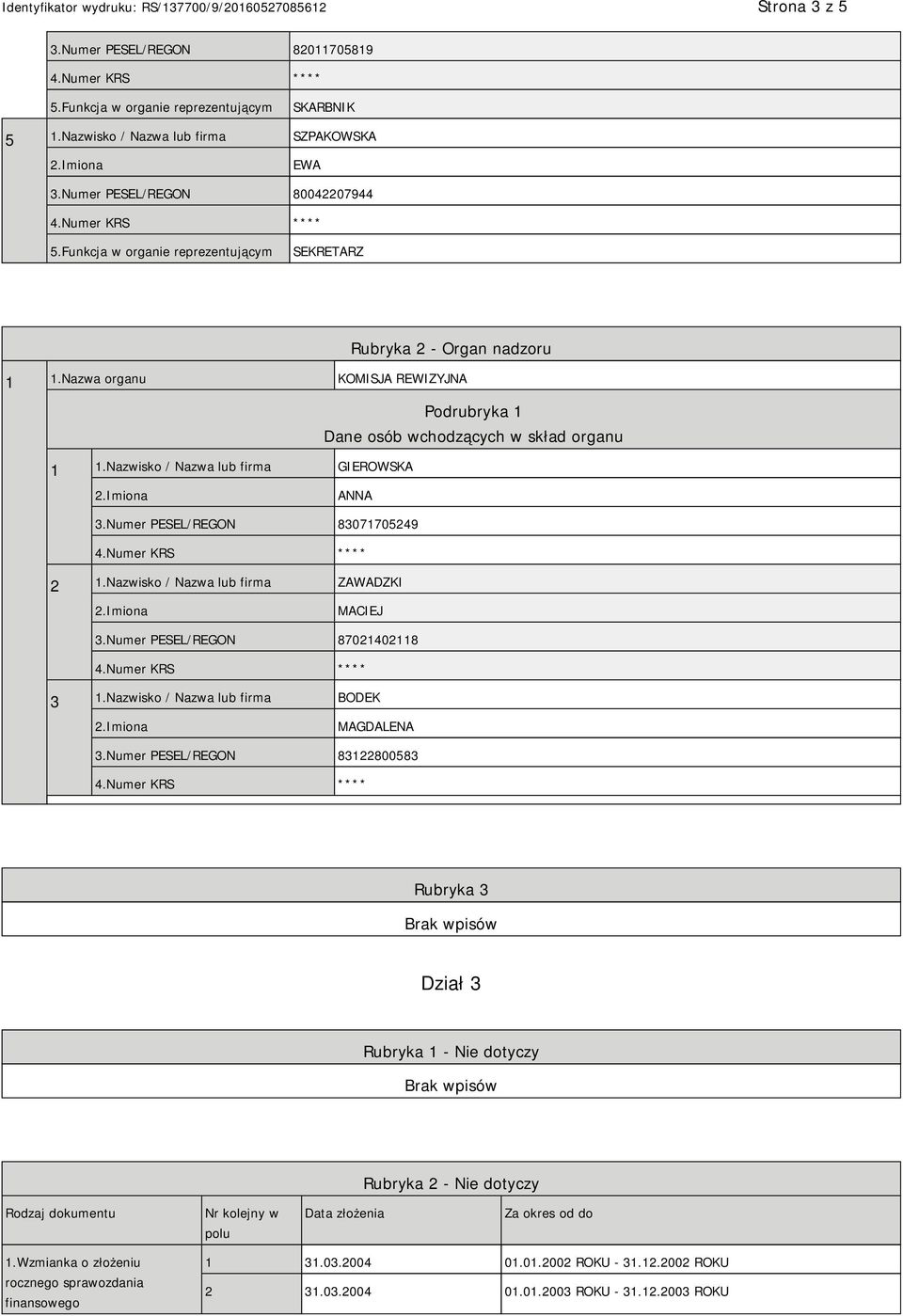 Nazwisko / Nazwa lub firma ZAWADZKI MACIEJ 3.Numer PESEL/REGON 87021402118 3 1.Nazwisko / Nazwa lub firma BODEK MAGDALENA 3.
