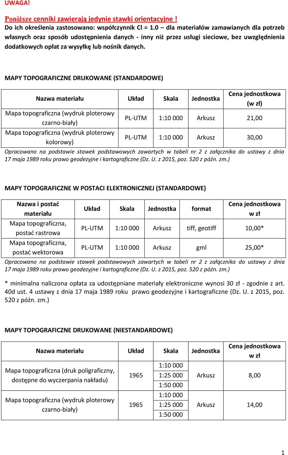 MAPY TOPOGRAFICZNE DRUKOWANE (STANDARDOWE) Nazwa Układ Skala Jednostka czarno-biały) () PL-UTM Arkusz 21,00 PL-UTM Arkusz 30,00 Opracowano na podstawie stawek podstawowych zawartych w tabeli nr 2 z